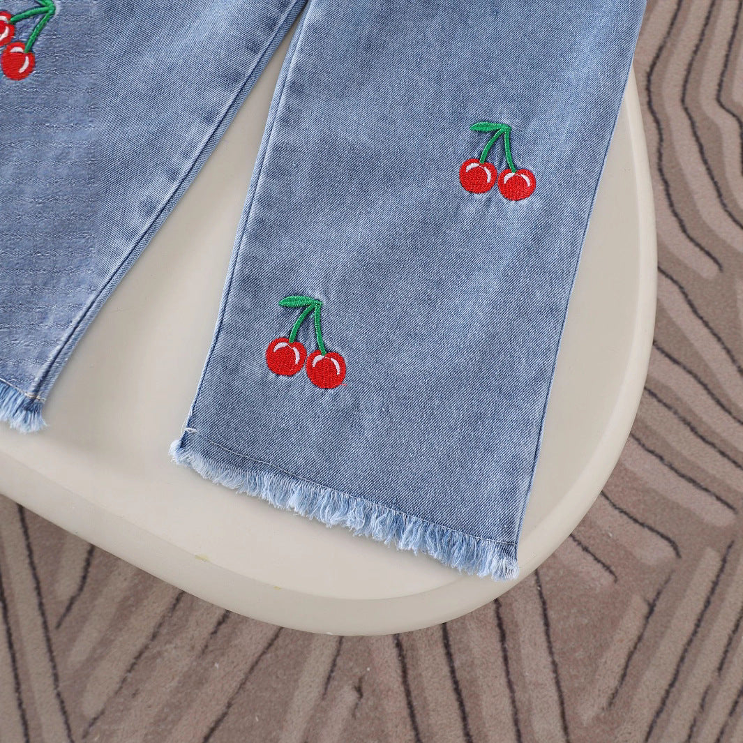 Eboo Baby Girl Cherry Denim Outfit – Ruffle Sleeve Top & Embroidered Wide-Leg Jeans (2-Piece Set)