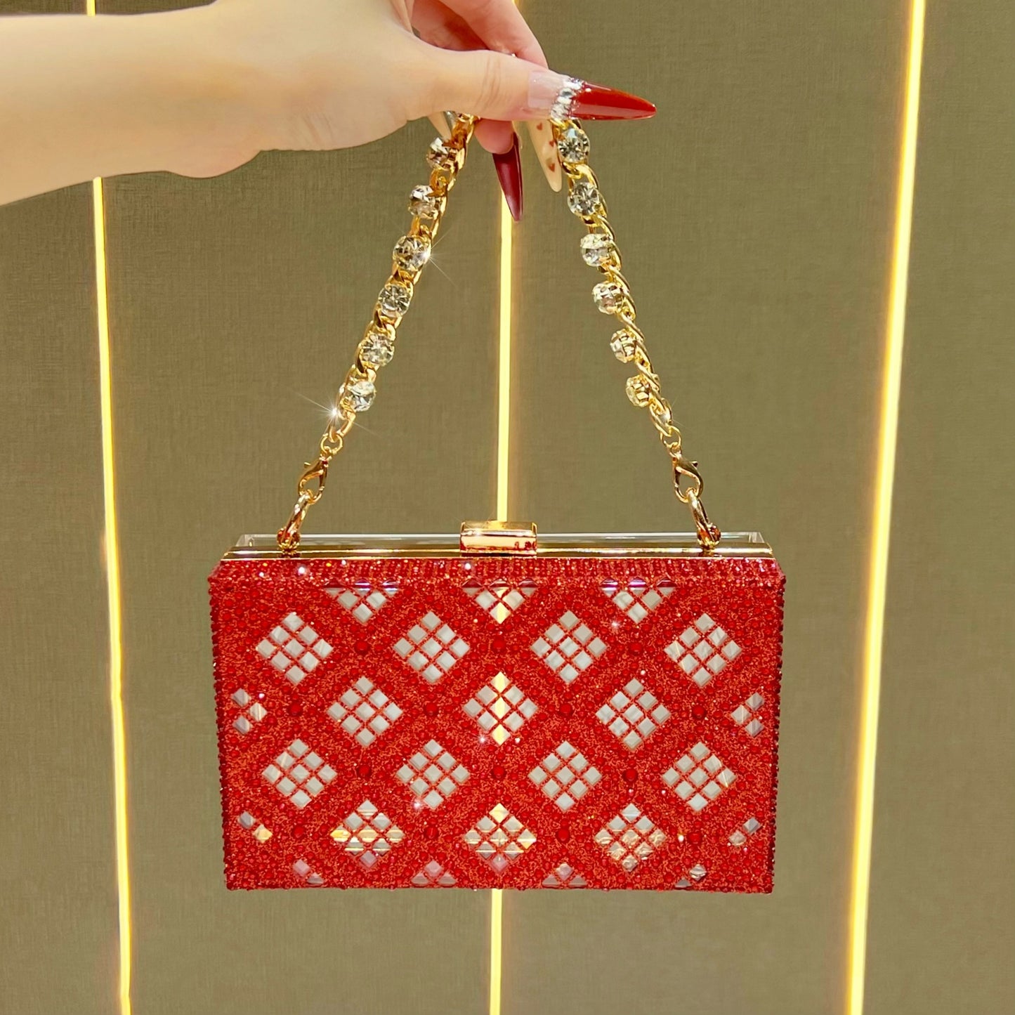 Eboo Luxury Crystal Box Clutch for Women – Rhinestone Evening Party Handbag with Gold Chain