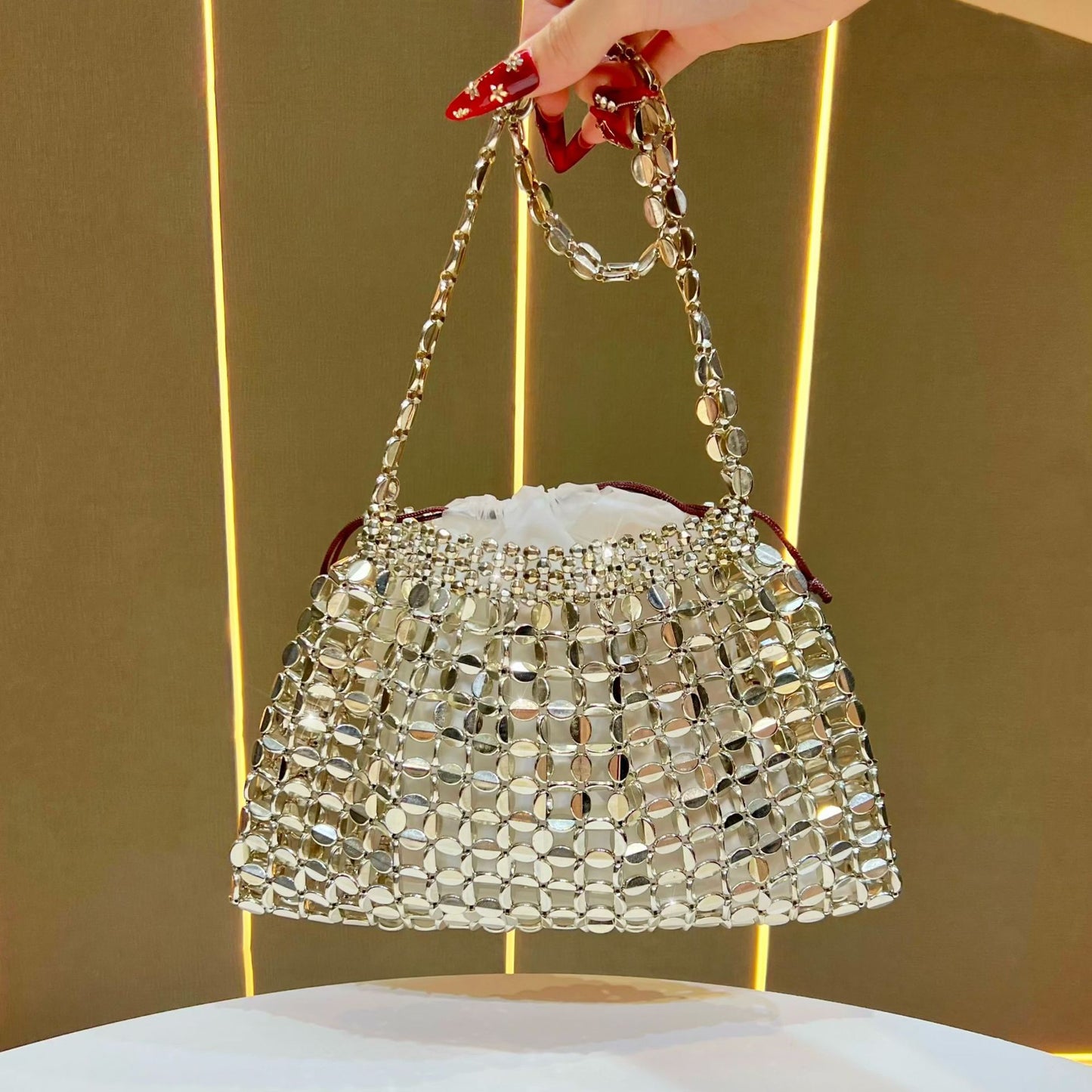 Eboo Luxury Crystal Mesh Shoulder Bag for Women – Metallic Party Handbag