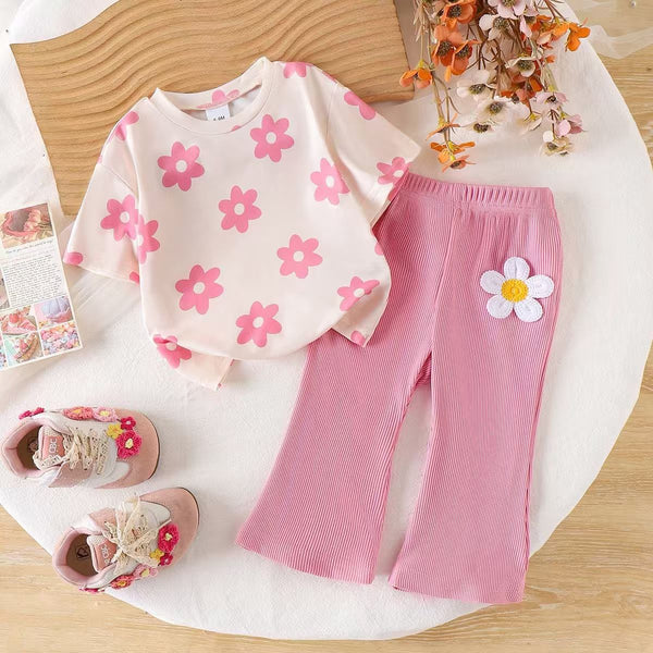 Eboo Baby Girls Pink Floral Print T-Shirt & Ribbed Flared Pants Co-Ord Set
