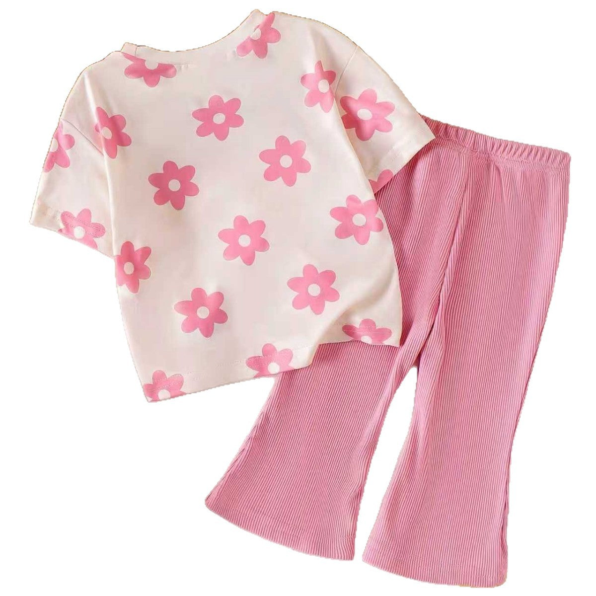 Eboo Baby Girls Pink Floral Print T-Shirt & Ribbed Flared Pants Co-Ord Set