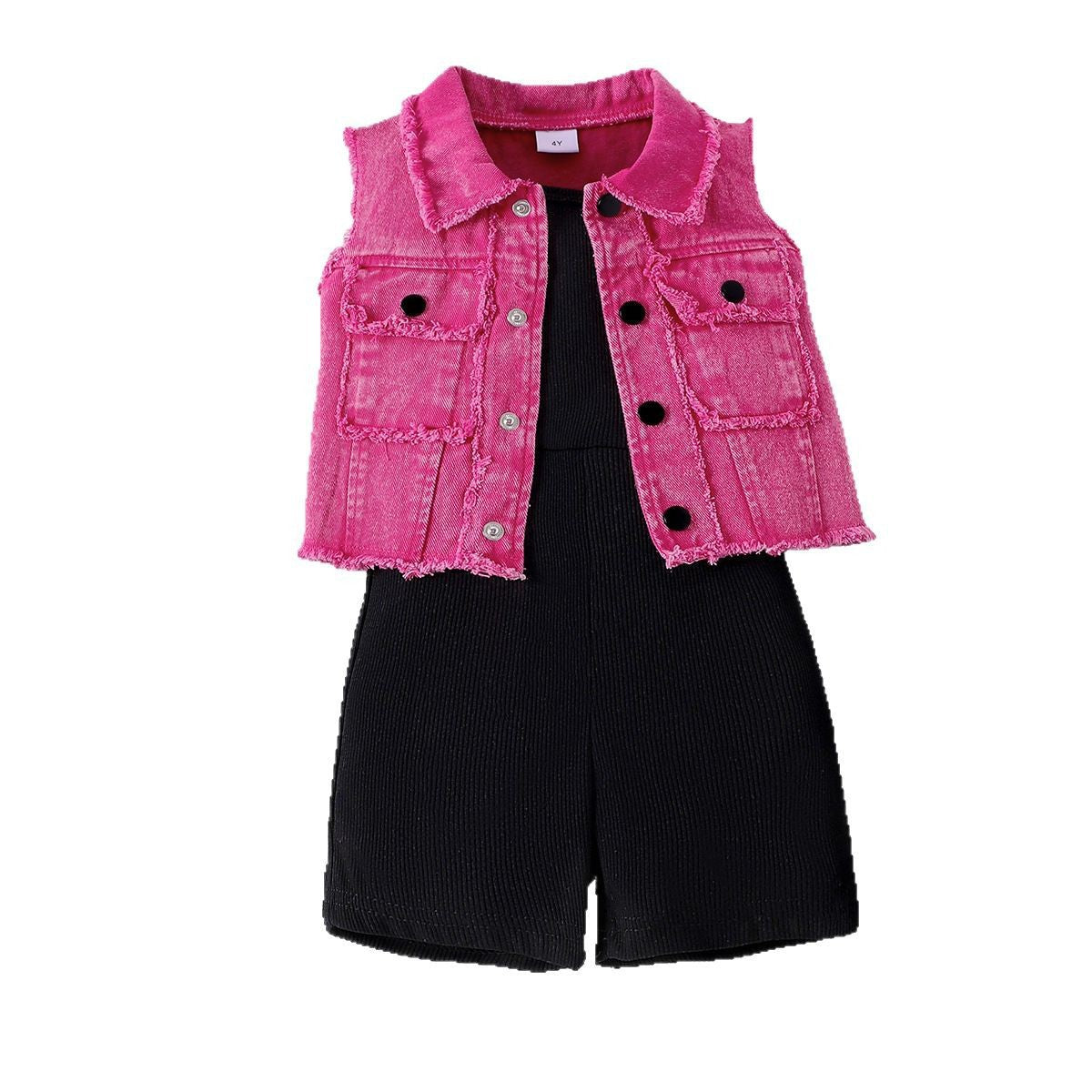 Eboo Baby Girl 2-Piece Ribbed Romper with Pink Denim Vest – Trendy Summer Outfit Set