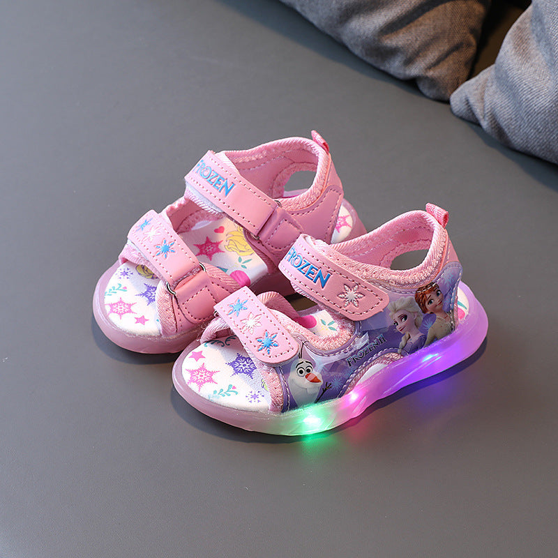 Baby Girl Sandals Cartoon Princess Print Children LED Light Up Sandals
