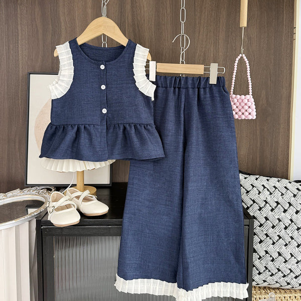 Eboo Baby Girls Denim Blue Pleated Ruffle Sleeveless Top & Wide Leg Pants Co-Ord Set