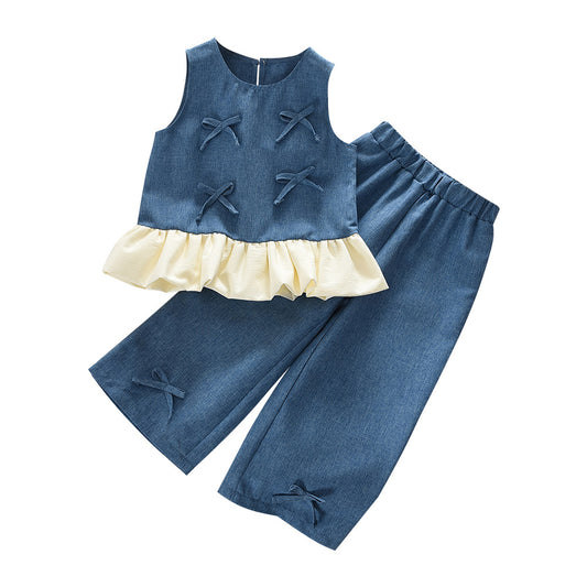 Eboo Baby Girls Denim Blue Bow Sleeveless Top & Wide Leg Pants Co-Ord Set