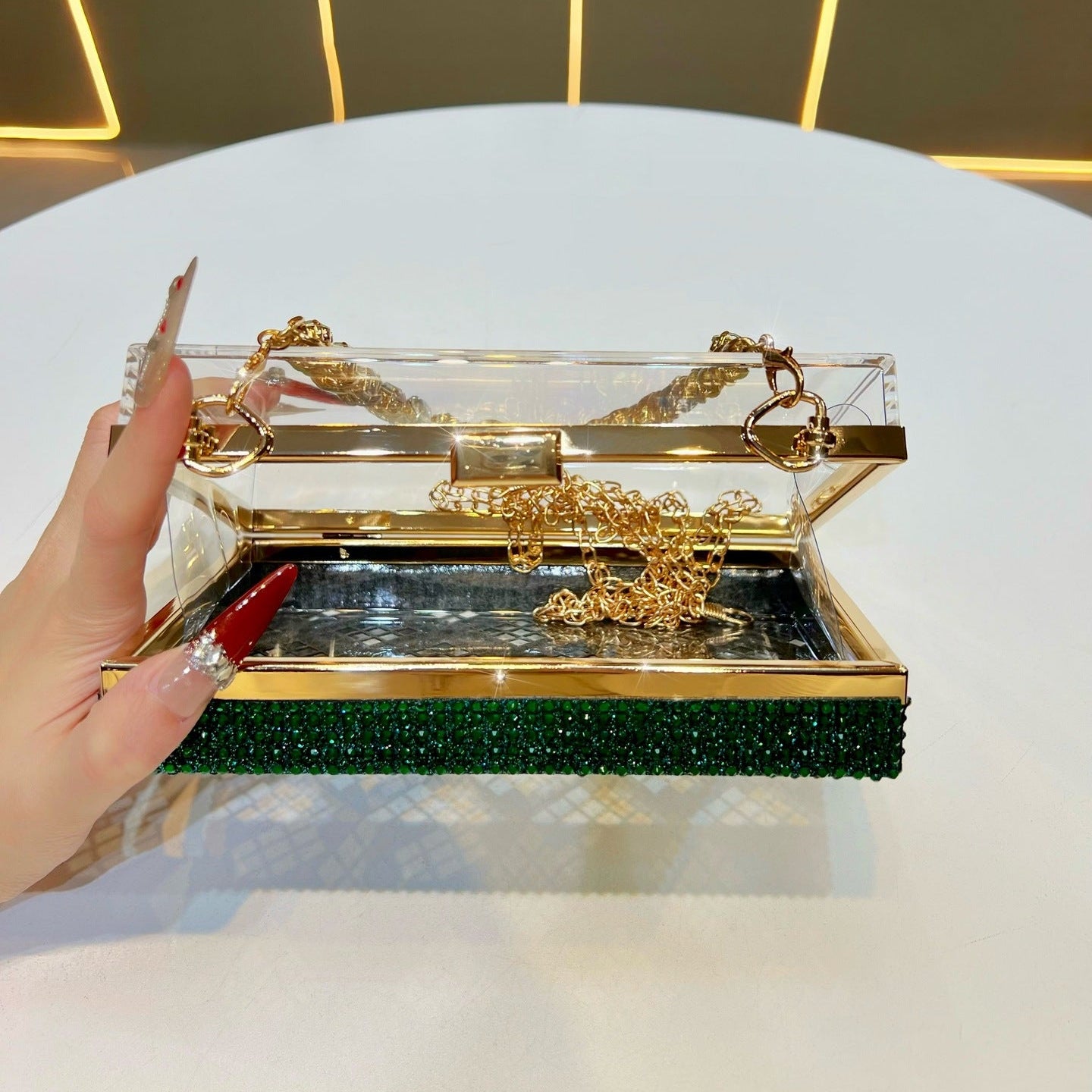Eboo Luxury Crystal Box Clutch for Women – Rhinestone Evening Party Handbag with Gold Chain