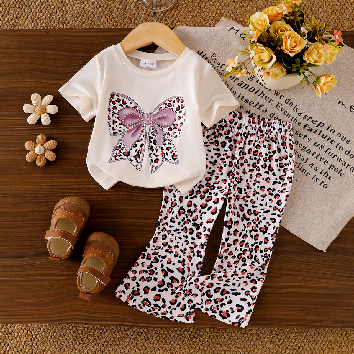 Eboo Baby Girls Bow Print T-Shirt & Leopard Print Flared Pants Co-Ord Set