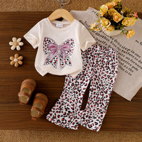 Eboo Baby Girls Bow Print T-Shirt & Leopard Print Flared Pants Co-Ord Set