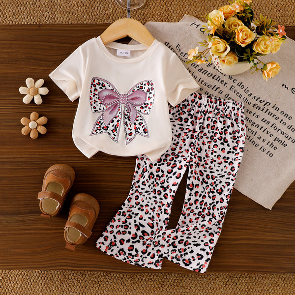 Eboo Baby Girls Bow Print T-Shirt & Leopard Print Flared Pants Co-Ord Set