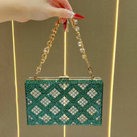 Eboo Luxury Crystal Box Clutch for Women • Rhinestone Evening Party Handbag with Gold Chain