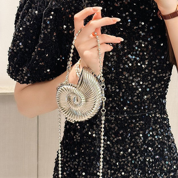 Eboo Luxury Nautilus Shell Metal Clutch Bag for Women – Elegant Evening Party Crossbody Purse with Chain Strap
