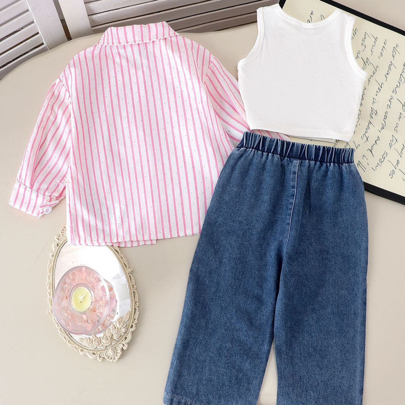 Eboo Baby Girl 3-Piece Fashion Outfit – Striped Shirt, Ribbed Bow Tank Top & Rhinestone Denim Pants Set