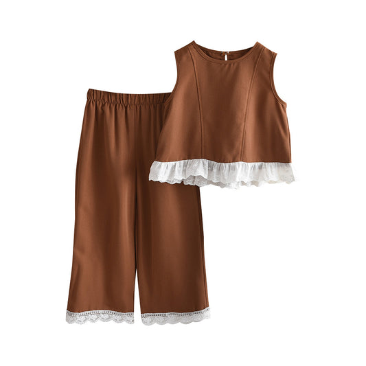 Eboo Baby Girls Brown Sleeveless Lace Hem Top & Wide Leg Pants Co-Ord Set