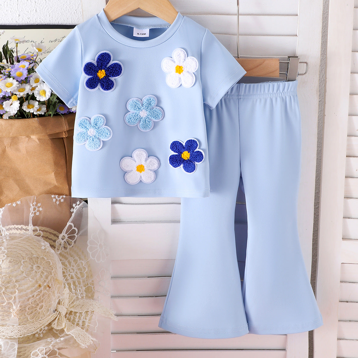 Eboo Baby Girls Floral T-Shirt & Flared Pants 2-Piece Summer Outfit Set – Soft Cotton Casual Wear
