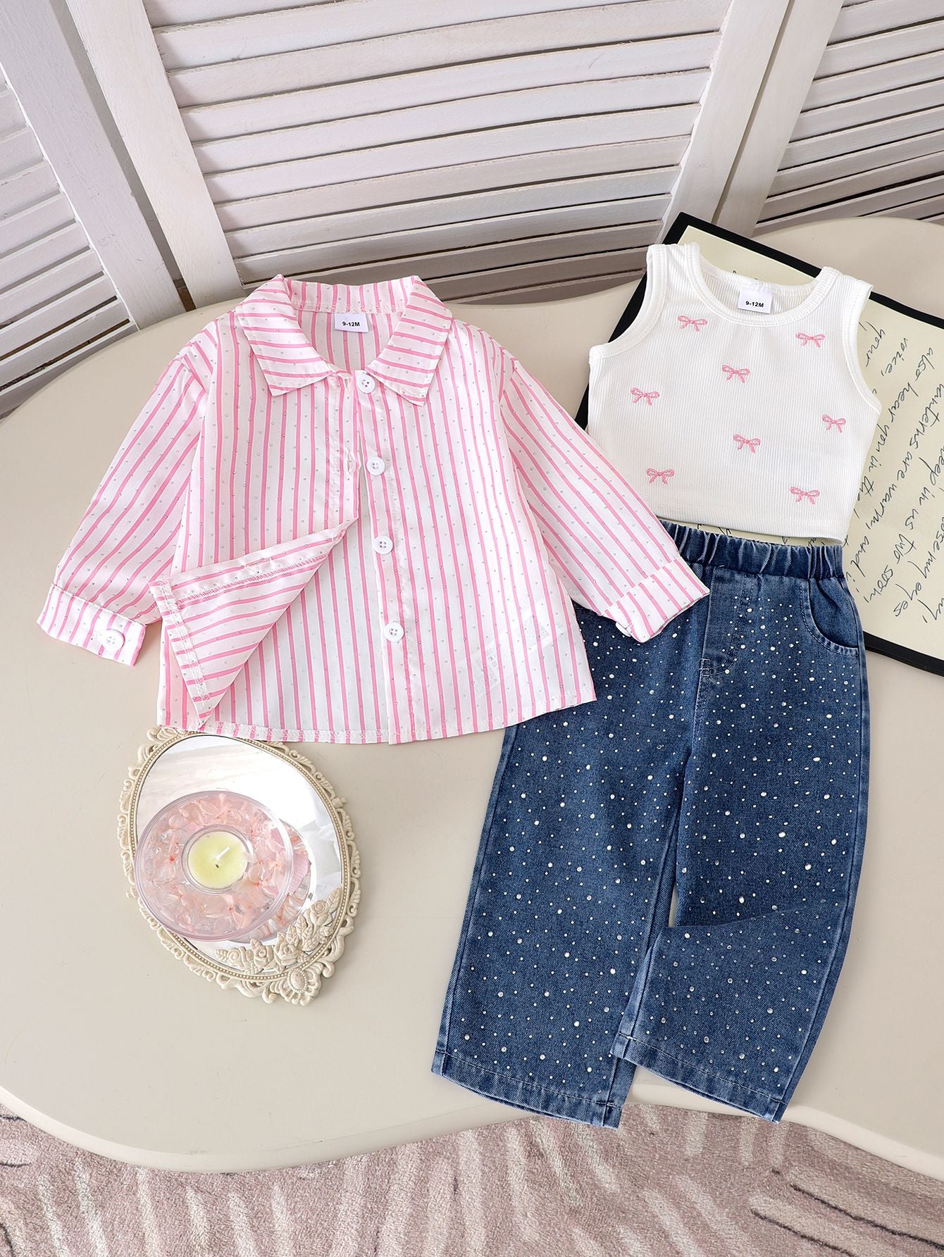 Eboo Baby Girl 3-Piece Fashion Outfit – Striped Shirt, Ribbed Bow Tank Top & Rhinestone Denim Pants Set
