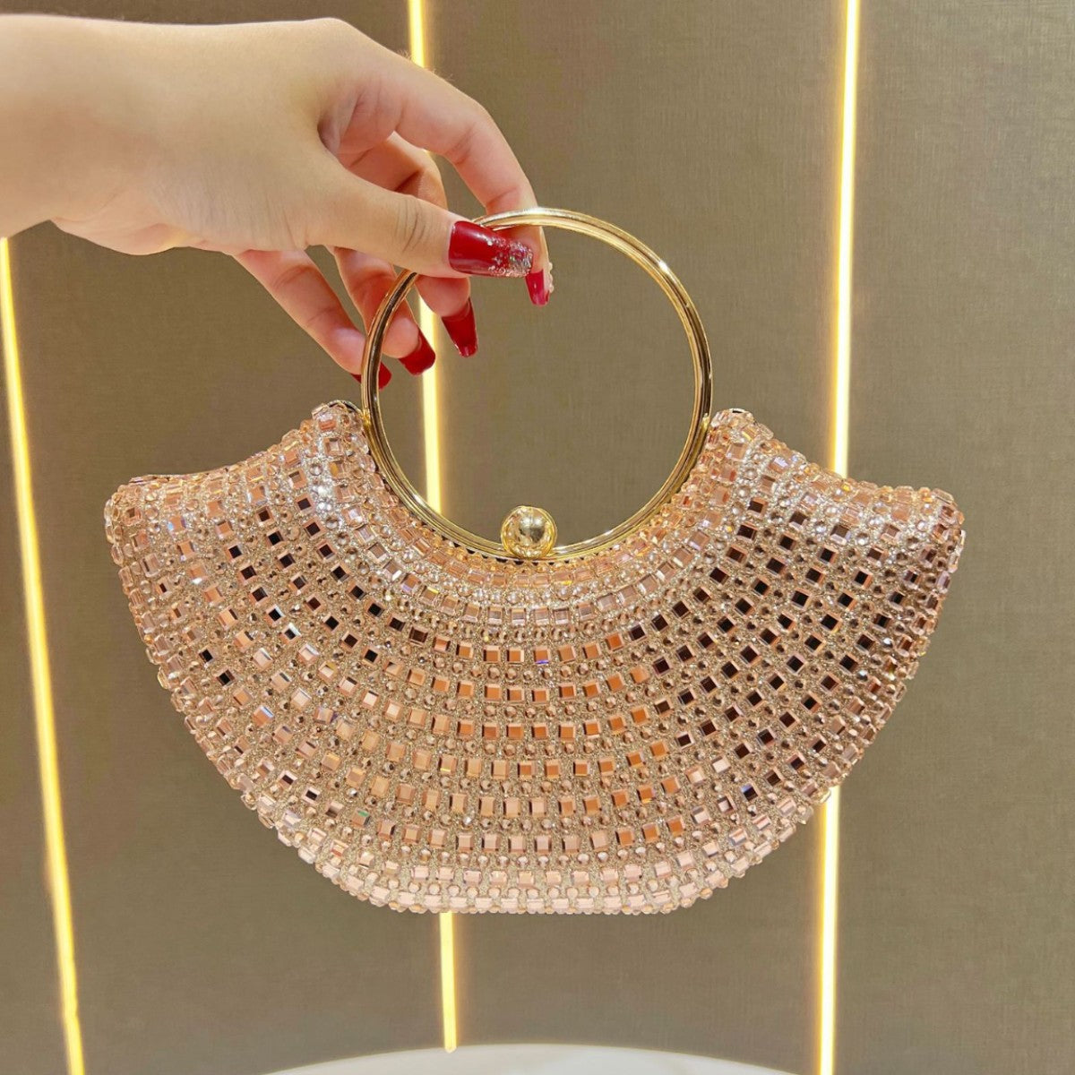 Eboo Luxury Crystal Crescent Clutch Bag for Women – Rhinestone Evening Party Handbag with Ring Handle