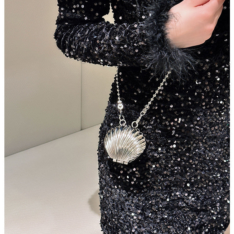 Luxury Seashell Metal Clutch Bag for Women – Elegant Hard Case Crossbody Purse with Chain Strap