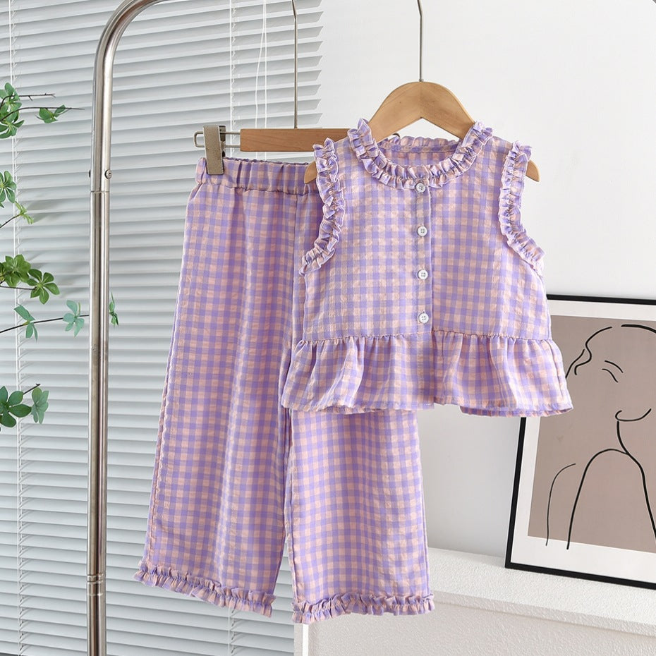 Eboo Baby Girls Checkered Sleeveless Frill Top & Wide Leg Pants Co-Ord Set