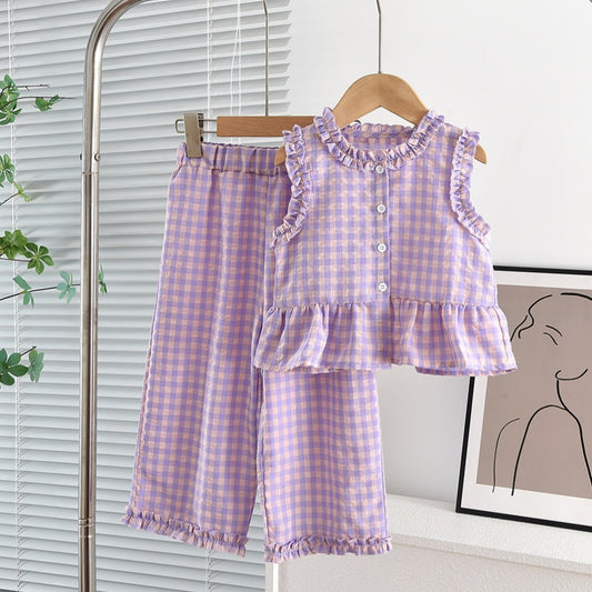 Eboo Baby Girls Checkered Sleeveless Frill Top & Wide Leg Pants Co-Ord Set