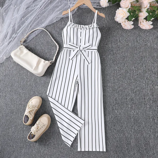 Toddler Girls Vertical Striped Asymmetrical Neck Ruffle Trim Belted Jumpsuit
