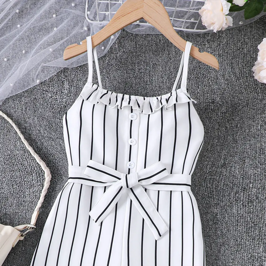 Toddler Girls Vertical Striped Asymmetrical Neck Ruffle Trim Belted Jumpsuit
