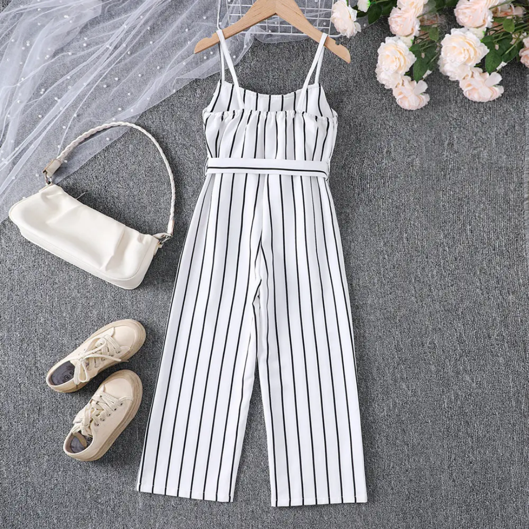 Toddler Girls Vertical Striped Asymmetrical Neck Ruffle Trim Belted Jumpsuit