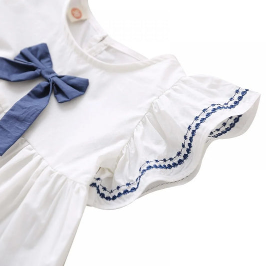 Eboo Cotton Plain White with Blue Bow Dress