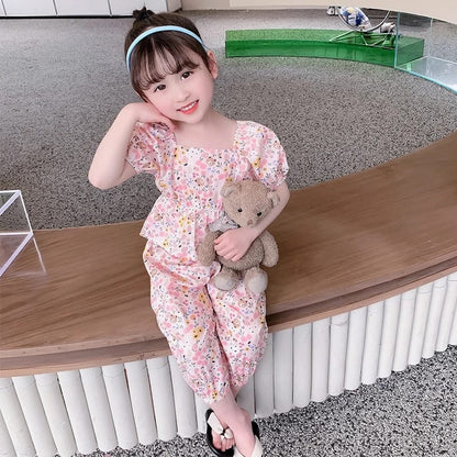 Eboo Toddler Kids Little Girls Summer Outfits Floral Ruffle Crop Top Shirt + High Waist Pants 2 PCS Clothes Set 4-6T