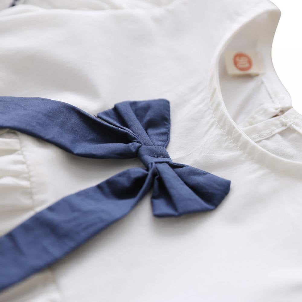 Eboo Cotton Plain White with Blue Bow Dress