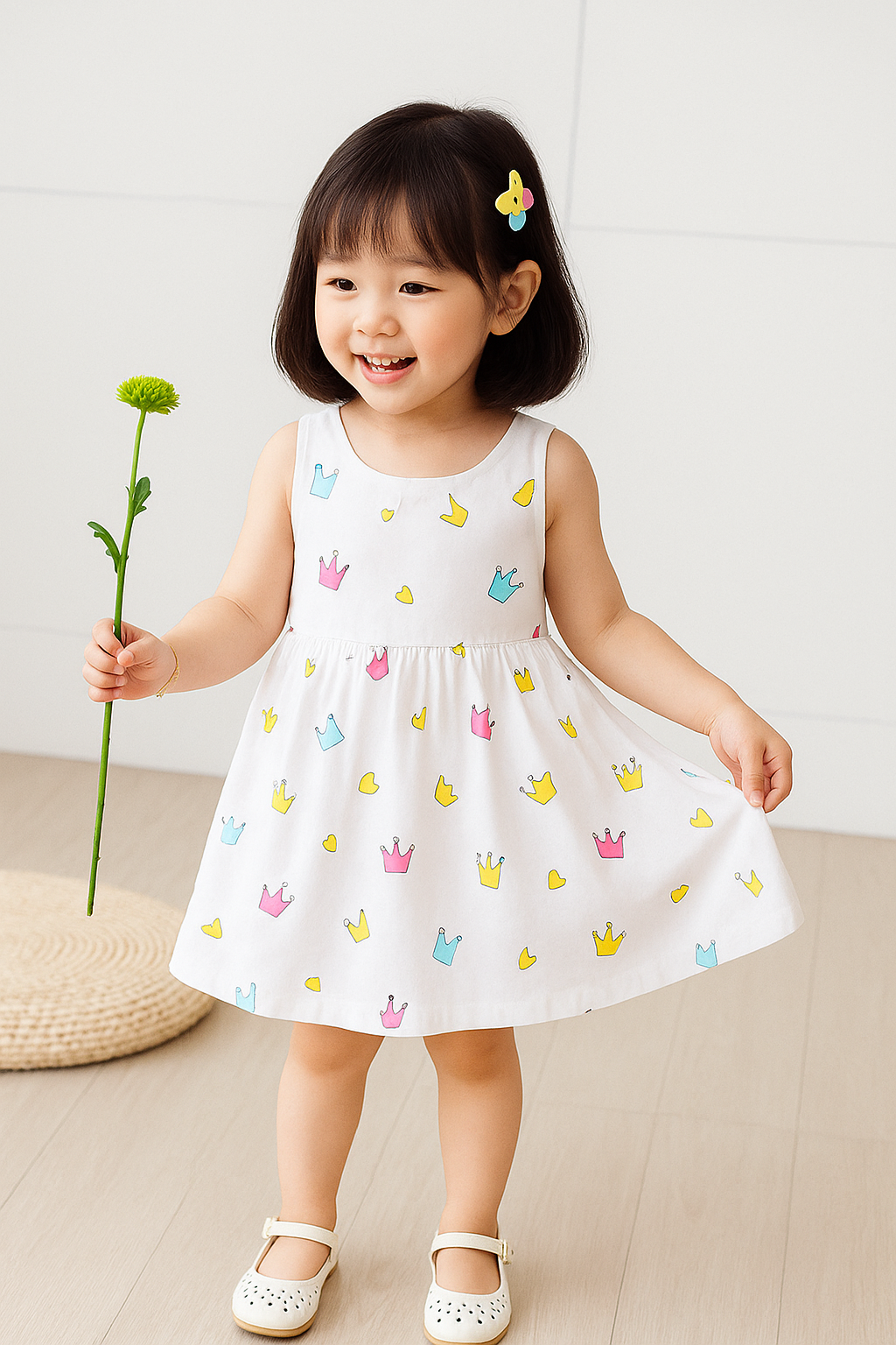 Eboo White Baby Girl Sundress with Crown Print