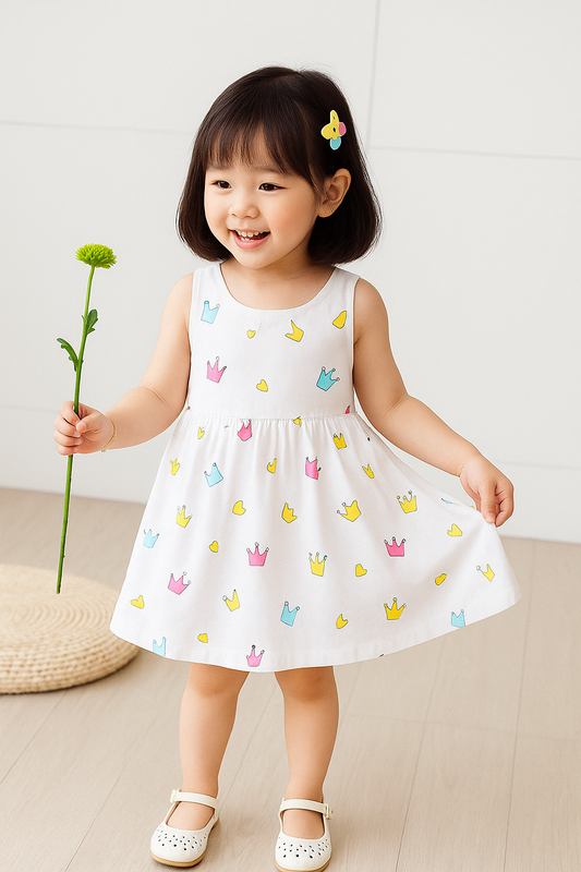 Eboo White Baby Girl Sundress with Crown Print