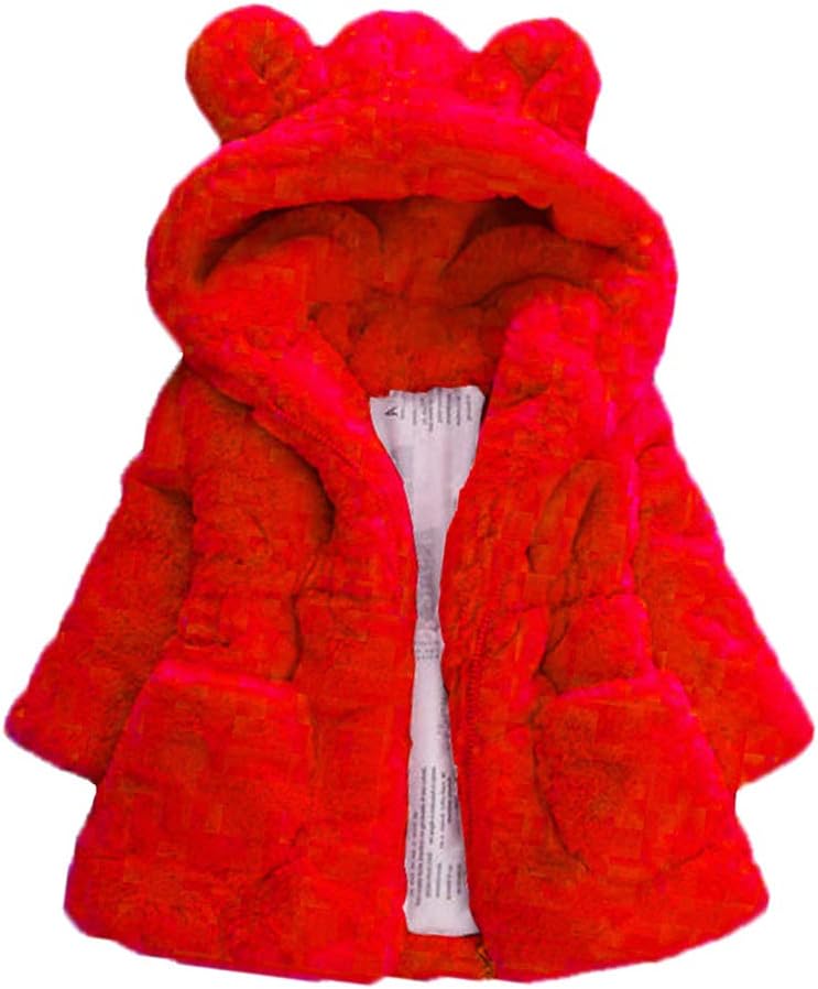 Eboo Girls Winter Warm Hooded Faux Fur Jacket with Cute Ear Design (Red)
