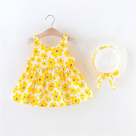 Eboo Sleeveless Bowknot Dresses Infant Floral Printed Princess Dress Hat Outfits Kid