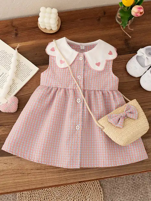Eboo Baby Girls Sleeveless Heart Print Dress+Bag Set (Pink)