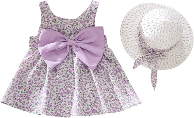 Eboo Baby Girl Summer Flower Printed Bowknot Dress (PURPLE).