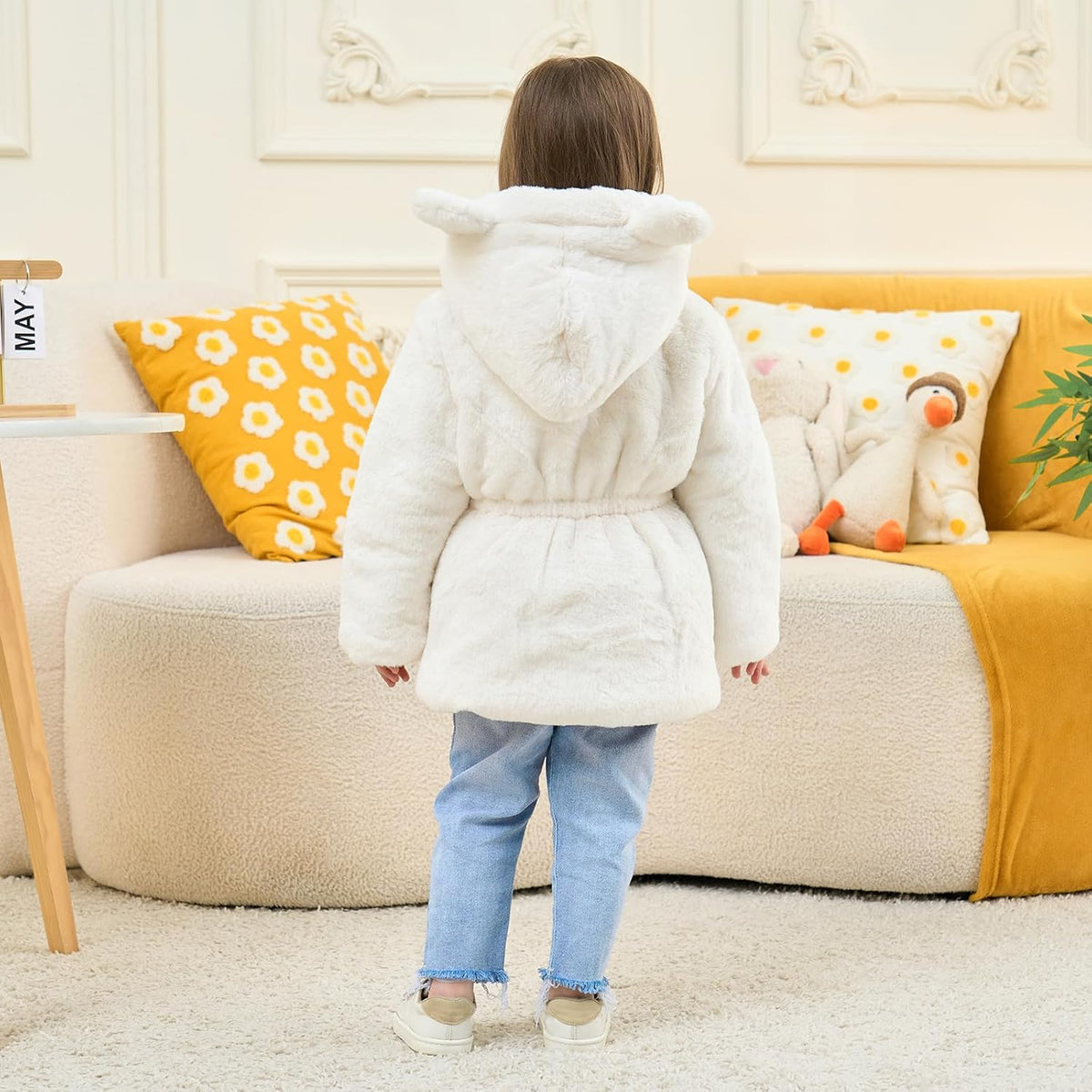 Eboo Girls Winter Warm Hooded Faux Fur Jacket with Cute Ear Design (White)