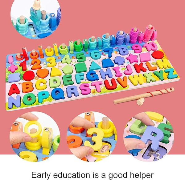 Wooden Learning Toy with Letters, Numbers, & Shapes