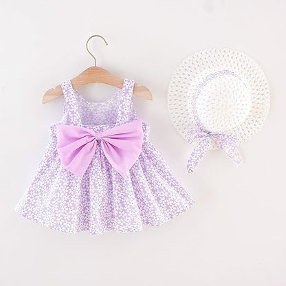 Eboo Toddler Baby Girl Summer Sleeveless Flying Sleeve Printed Bowknot Dress (PURPLE)