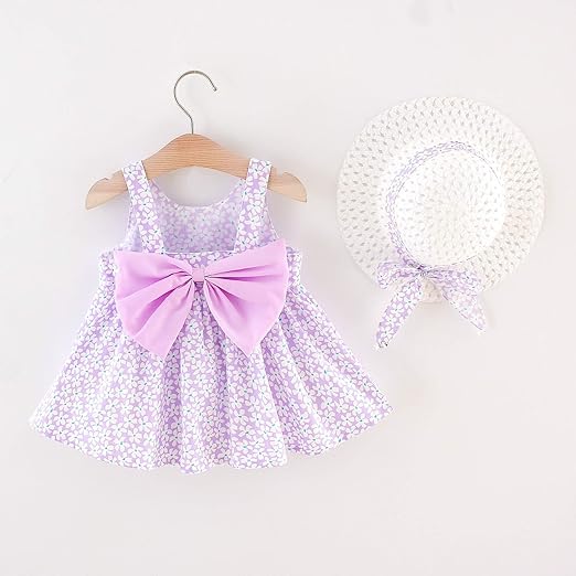 Eboo Toddler Baby Girl Summer Sleeveless Flying Sleeve Printed Bowknot Dress (PURPLE)