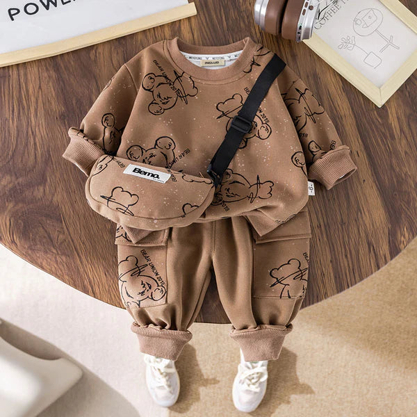 Eboo Boys Bear Printed Sweatshirt With Sling Bag & Jogger Co-ord Set