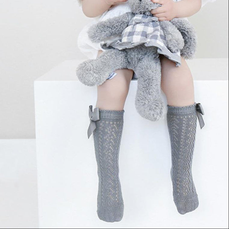 Eboo Girls Lace Knee High Socks with Bow – Pack of 4 | Soft Cotton Long Socks