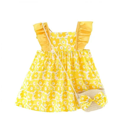 Eboo Yellow Floral Summer Dress with Straw Bag for Girls