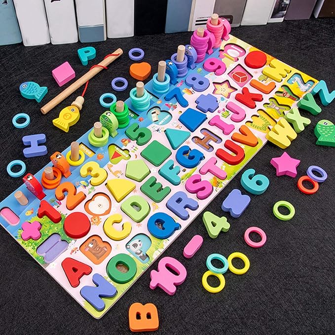 Wooden Learning Toy with Letters, Numbers, & Shapes