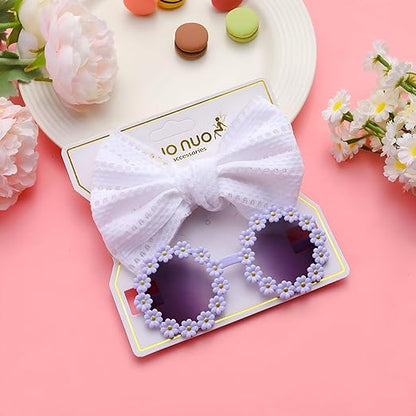 Eboo Flower Sunglasses with Bow Headband Set for Kids and Toddlers, Perfect for Summer Parties and Costumes