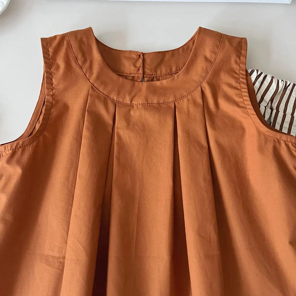 Eboo Bear Leader Vest+Striped Wide Leg Pants Summer Dress Set (BROWN)