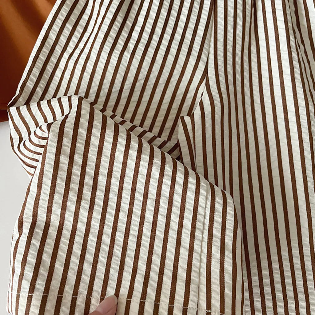 Eboo Bear Leader Vest+Striped Wide Leg Pants Summer Dress Set (BROWN)