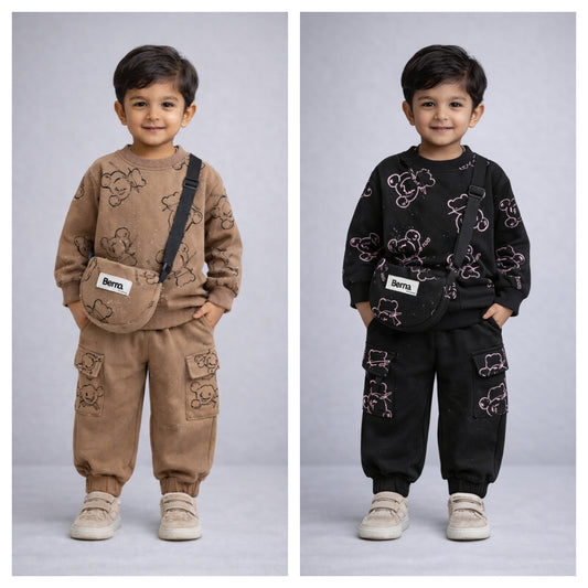 Eboo Boys Bear Printed Sweatshirt With Sling Bag & Jogger Co-ord Set