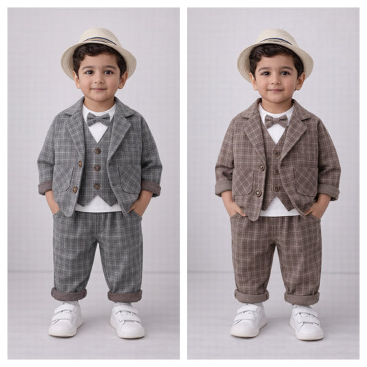 Eboo Baby Boy Plaid Formal Suit Set – 4-Piece Gentleman Outfit With Bowtie