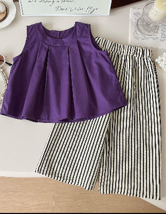 Eboo Bear Leader Vest+Striped Wide Leg Pants Summer Two-piece Set (PURPLE)
