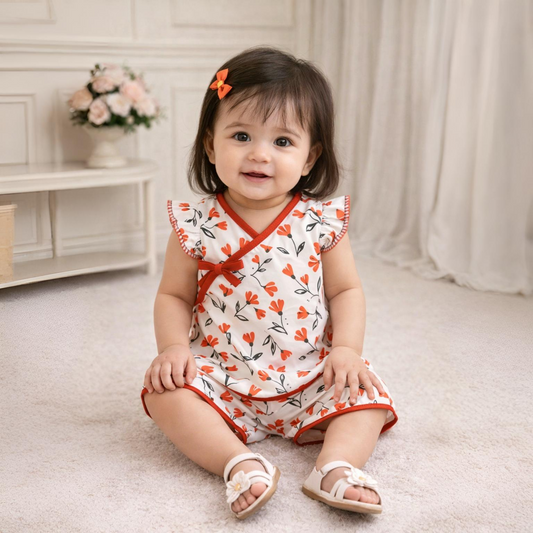Red Floral Print Chinese Style Baby Girl Dress Set Stylish Summer Outfit with Traditional Touch
